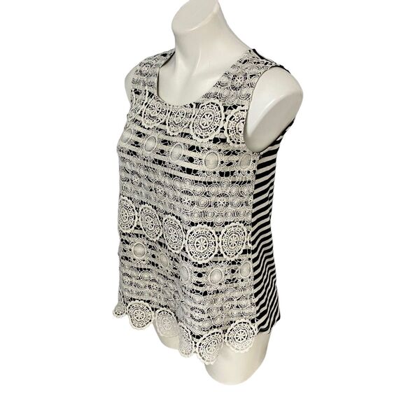 C Oliver Top Women Medium Lace Overlay Blue Stripe Tank Boho Nautical Officecore - Picture 8 of 13